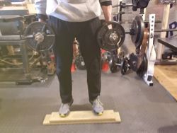 Front view of standing calf raises with dumbbells