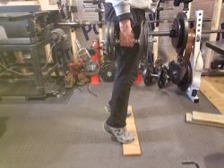 Side view of standing calf raises with dumbbells
